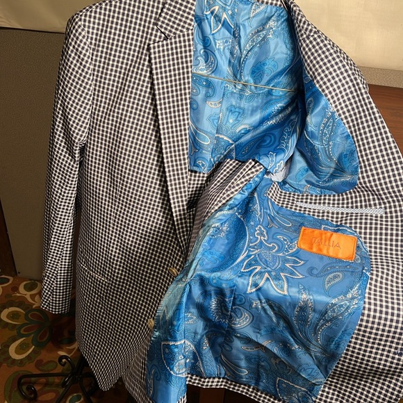 TALLIA, NWT, 44reg, FRESH PRESSED navy & white check blue Paisley lining blazer - Picture 6 of 11